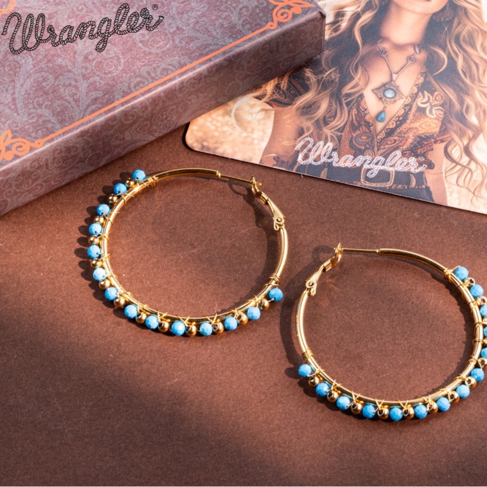 Wrangler Gold and Blue Hoop Earrings